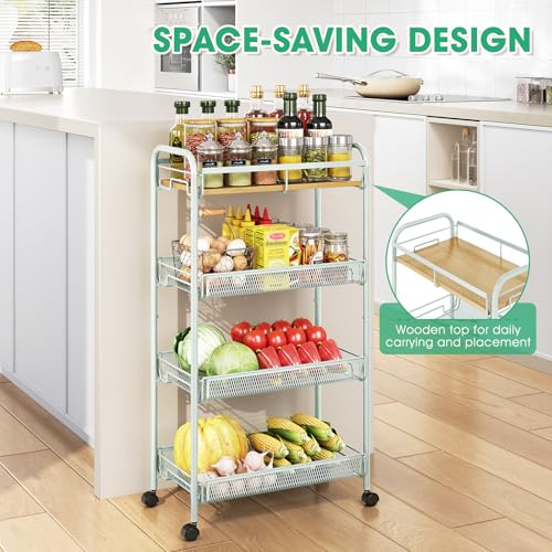TOOLF 4-Tier Rolling Cart, Metal Utility Cart, Slide Out Storage Cart with Wooden Tabletop and Mesh Baskets for Narrow Space on Kitchen Bathroom Laundry Room Bedroom Apartments Dormitory (Green, Wide) - size: Wide, style: Green