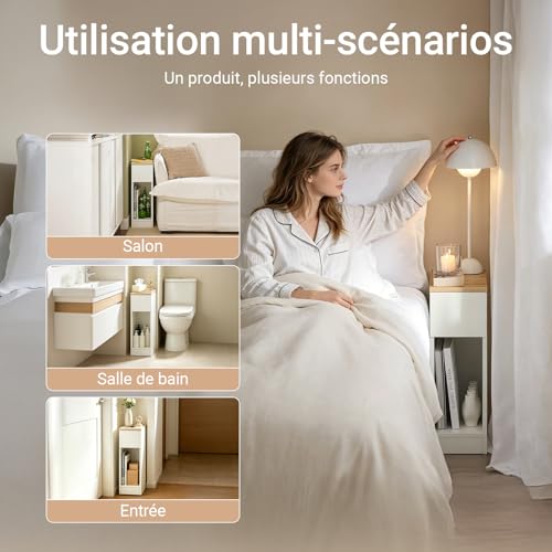 SoBuy Nightstand Narrow Night Stand Modern Design Bedside Furniture Slim End Table Storage Cabinet with Sliding Drawer and Open Compartment, White & Natural FBT111-WN | Slim Dorm Bedsid Table with Open Compartment, White & Natural FBT111-WN
