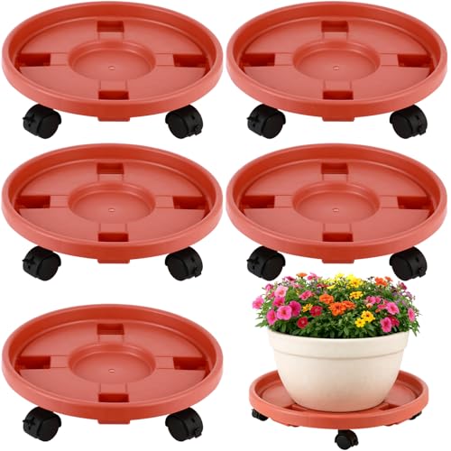 5-pack 13" Large Plant Caddy with Wheels Plastic Plant Dolly with Caster Flower Pot Mover Rollers Wheeled Rolling Plant Stands Round Plant Saucer Indoor Outdoor Base Coasters,Terracotta red - color: Vintage red, size: 13"/ 5 packs