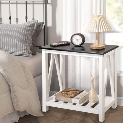 Farmhouse End Side Table Wood Frame Narrow Side Table with Shelves Black White Rectangular Night Stand Sofa Table for Couch, Small Spaces, Living Room, Bedroom - color: Black&white