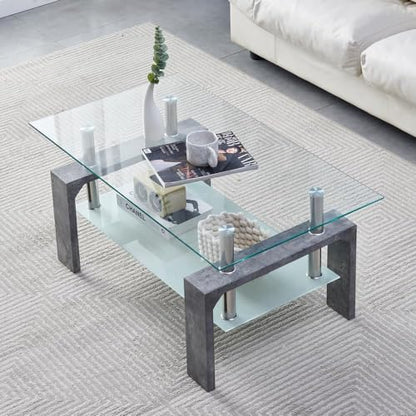 Living Room Rectangle Coffee Table, Tea Table Suitable for Waiting Room, Modern Side Coffee Table with Wooden Leg, Glass Tabletop with Lower Shelf,Grey Marble - color: Grey Marble