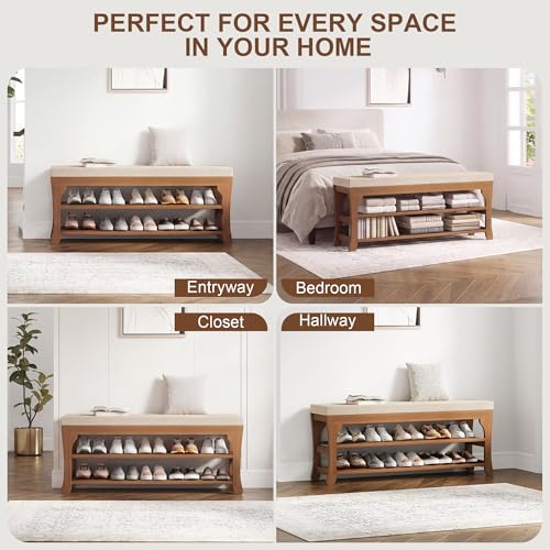 PETKABOO 39.4" Shoe Storage Bench with Cushion, Bamboo Shoe Rack Bench, 2-Tier Entryway Shoe Organizer, Supports up to 380 LB, for Hallway, Bedroom, Closet, Living Room - size: 39.4"