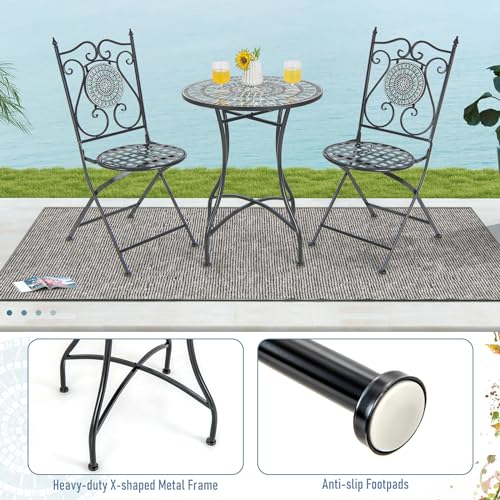 Giantex 24 Inch Patio Bistro Table, Mosaic Round Table w/Ceramic Tile Tabletop, Heavy-Duty Metal Structure, Outdoor Dining Table for Backyard, Garden, Porch (Blue & Black (Sun Pattern)) - color: Blue & Black (Sun Pattern)