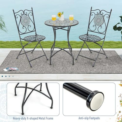 Giantex 24 Inch Patio Bistro Table, Mosaic Round Table w/Ceramic Tile Tabletop, Heavy-Duty Metal Structure, Outdoor Dining Table for Backyard, Garden, Porch (Blue & Black (Sun Pattern)) - color: Blue & Black (Sun Pattern)