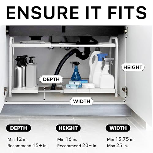 Simple Houseware Under Sink 2-Tier Heavy Duty Expandable Organizer, White | Adjustable Width 15.75–25 Inches with 4 Shelf Height Levels - color: White