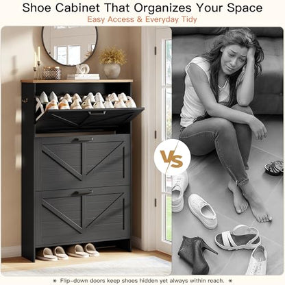 Nicetree Shoe Storage Organizer with 3 Flip Drawers, Freestanding Fluted Accent Narrow Shoe Rack, Farmhouse Shoe Cabinet with 3-Tier Adjustable Shelves for Hallway Foyer Rustic Black