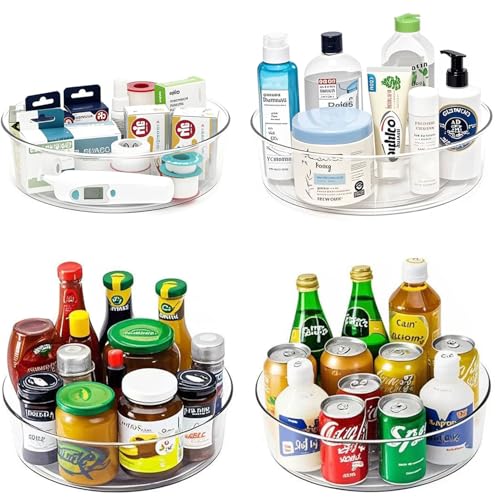 4 Pack Lazy Susan 11.5" Inch Turntable Organizer Organization Storage Container Bins Spice Rack Cabinet Rotating Condiment for Pantry Countertop Kitchen Vanity Bathroom Jewelry Holder Clear - size: 11.5 inch