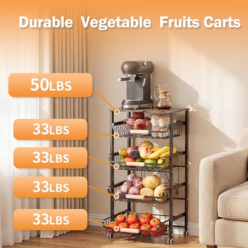 JAQ 5-Tier Fruit Vegetable Storage Cart with Wood Top, Rolling Kitchen Basket Organizer with Ergonomic Wood Handle & Wheels for Snacks Produce, Heavy Duty Metal Vianderos para Cocina Modernos, Black - color: 5-tier/Black