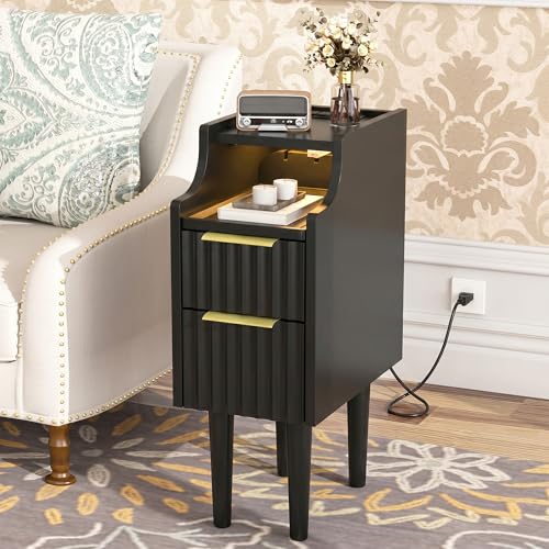 Fluted Narrow Nightstand with Charging Station, Solid Wood Night Stand with 2 Drawers, Black Mid Century Modern Led Nightstand, Small Beside Table with Open Storage Shelf for Bedroom （10 inch） - color: Black