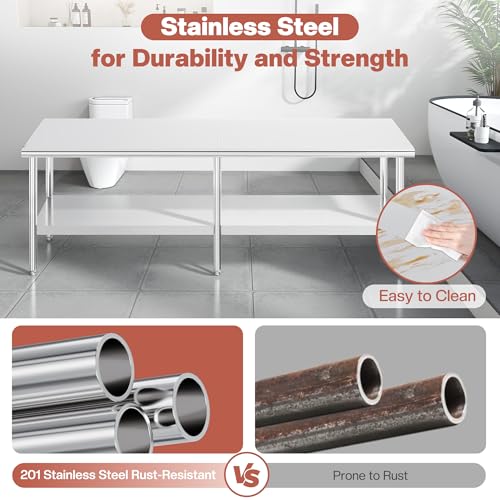 Jocisland 30" x 108" Stainless Steel Table for Prep & Work, Food-Grade Stainless Steel Adjustable Under Shelf and Feet, for Commercial Kitchen, Restaurant, Hotel, Garage - size: 30x108 in, style: Rounded Table Corner
