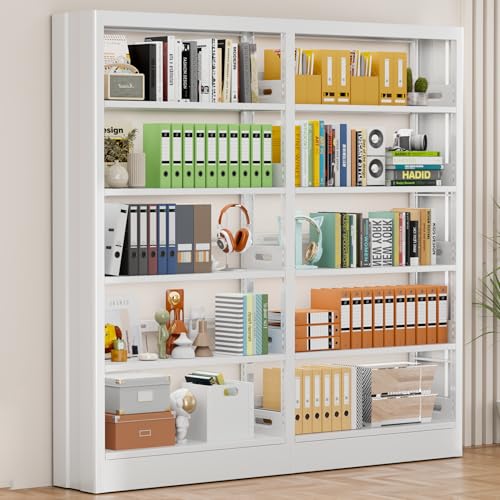 70.9" H Metal Bookshelf, Adjustable Bookcase, 5-Tier Heavy Duty Bookshelf with Bookend, Tall Bookshelves, Bookcase Shelf for Living Room, Office, Library,Classroom (White-72.8W) - color: White, size: 72.8" Wide