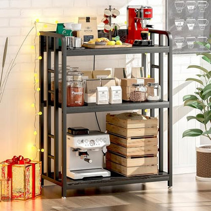 METYERRY Bakers Rack with Power Outlet,Adjustable Microwave Stand with Storage,3-Tier Kitchen Shelves,Microwave cart Suitable for Kitchen,Dinning Room,Coffee Bar,Living, Black - color: Black