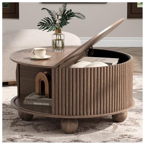 Round Coffee Table with Storage, 31.5" Mid Century Modern Coffee Table with Sliding Door & Bun Feet, Minimalist Fluted Center Table for Living Room, Home Small Space, Walnut - color: Walnut, size: Round(bun feet)
