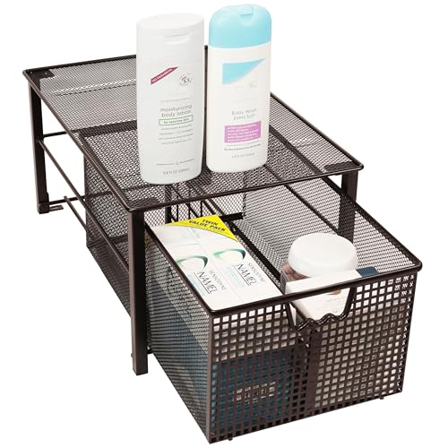 Deco Brothers Stackable Pull Out Cabinet Sliding Basket with Divider, Large | Under Sink Organizer, Bronze - color: Bronze