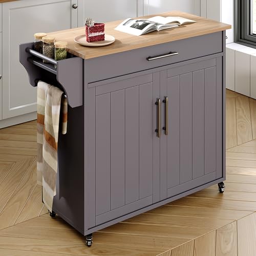 Kitchen Island with Storage, Wooden Countertop Rolling Kitchen Island On Wheels Storage Cabinet, Mobile Kitchen Island Cart with Towel Rack, Spice Rack and Drawers, Grey - color: Grey