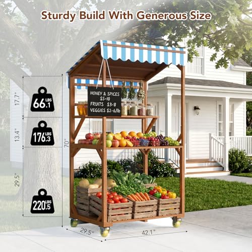 Wooden Farm Stand Cart, Solid Wood Farmers Market Stand with Wood Roof, Heavy Duty Display Table with Lockable Wheels, for Events & Small Business, Light Brown