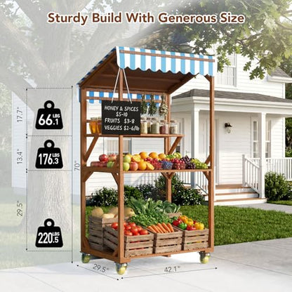 Wooden Farm Stand Cart, Solid Wood Farmers Market Stand with Wood Roof, Heavy Duty Display Table with Lockable Wheels, for Events & Small Business, Light Brown