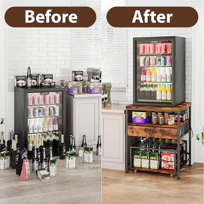 DreamDashio Mini Fridge Stand with Outlet & 3-Tier Rolling Cart, Switchable-Side Power Hub with Storage Drawer & Basket for Microwave, Beverage Cooler, Kitchen, Dorm & Office