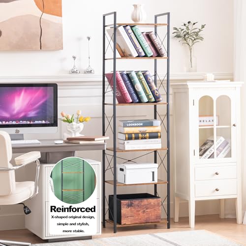 HCHQHS Narrow Bookshelf, Adjustable 6-Tier Industrial Bookcase, Rustic Open Book Shelf, Freestanding Tall Bookshelves with Metal Frame - color: Rustic Brown, size: 6-Tier (16.5"W x 70.2"H, Adjustable)