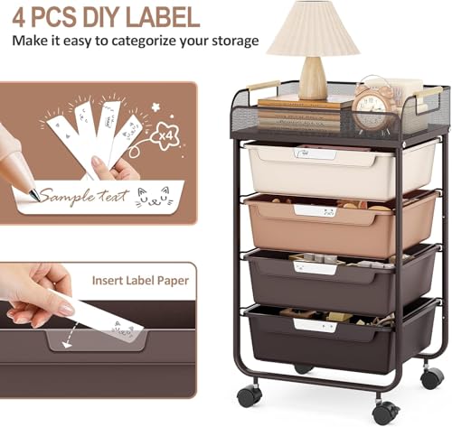 SYKIARIOL 4-Drawer Rolling Storage Cart with Mesh Top, Utility Craft Organizer Cart on Wheels with DIY Labels, Rolling Drawer Cart for Home Office Classroom Bedroom, Brown - color: Brown