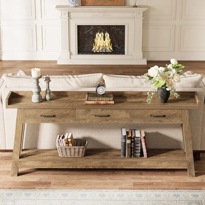 Tribesigns 70.9-Inch Sofa Console Table with 3 Drawers, 2-Tier Extra Long Farmhouse Entryway Table with Raised Baffle and Storage Shelves for Living Room, Couch, Hallway, Foyer, Entrance, Rustic Brown