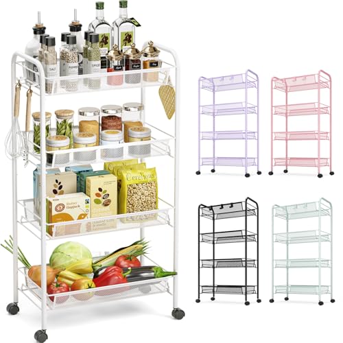 TOOLF 4 Tier Rolling Cart, Metal Utility Storage Cart with Wheels, White | 3 Hooks, Screwless Assembly, Trolley Organizer for Bathroom, Kitchen, Office, Nursery, Dorm, Laundry Room - color: White, size: 4-Tier