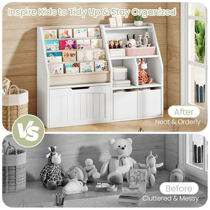 CHOEZON Kids Bookshelf, Children's Bookcase with 4 Sling Book Shelves, Toy Storage Cubby, Fabric Storage Baskets, Wooden Book Shelf for Kids' Room, Playroom, Nursery, Living Rooms, White MCW17WB - color: White