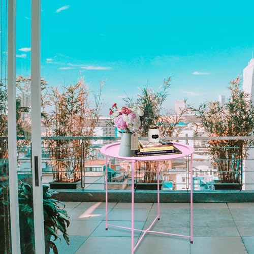 Garden 4 you End Table Metal Side Table Pink Round Folding Tray Cyan Sofa Small Accent Fold-able Table, Round End Table Tray, Next to Sofa Table, Snack Table for Living Room and Bed Room - color: Pink