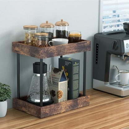 mahueeol 2-Tier Bathroom Counter Organizer with Wooden Trays | Two wooden trays organize cosmetics, skincare and toiletries on bathroom counters, vanities, kitchens and coffee stations - style: Retro