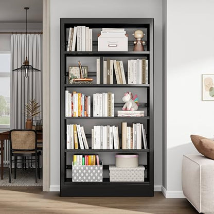70.9" H Metal Bookshelf, Adjustable Bookcase, 5-Tier Heavy Duty Bookshelf with Bookend, Tall Bookshelves, Bookcase Shelf for Living Room, Office, Library,Classroom (Black-37.4W) - color: Black, size: 37.4" Wide