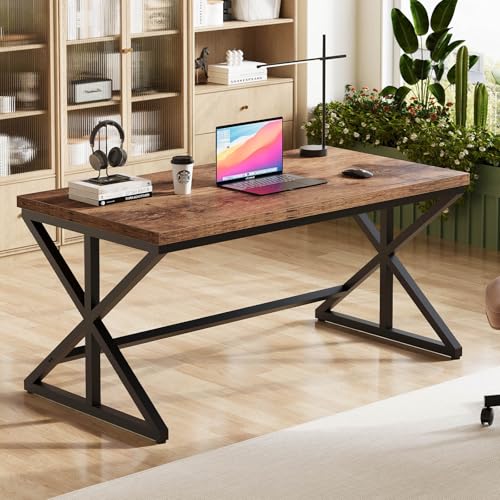 55” Computer Desk, Industrial Brown Home Office Desk Rustic Brown | Wooden Metal Executive Pc Computer Desk Table, Wood Student Gaming Study Computer Table for Bedroom Living Room - color: Rustic Brown Oak, size: 55 Inch