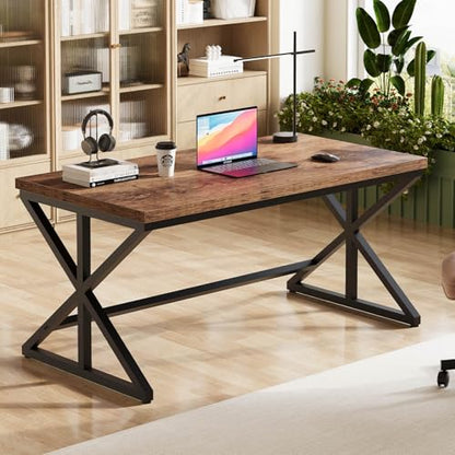 55” Computer Desk, Industrial Brown Home Office Desk Rustic Brown | Wooden Metal Executive Pc Computer Desk Table, Wood Student Gaming Study Computer Table for Bedroom Living Room - color: Rustic Brown Oak, size: 55 Inch