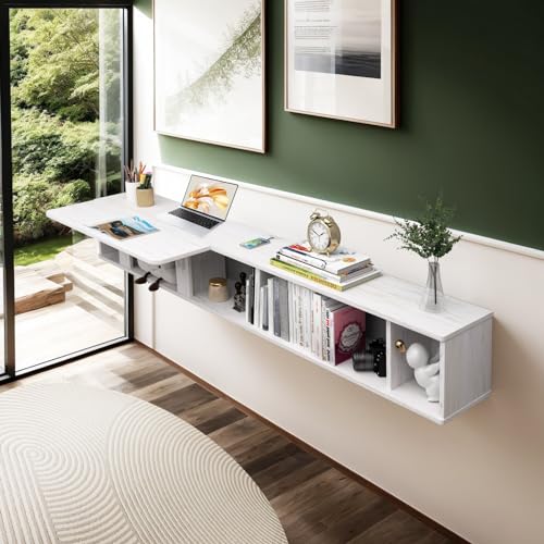 Pmnianhua 70'' Floating Desk with Storage Shelves,Wall Mounted Desk Laptop Computer Writing Study Table for Bedroom Small Space(White)
