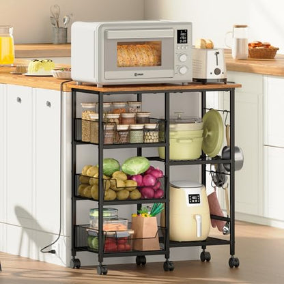 Rolling Kitchen Microwave Organizer Cart, Adjustable Shelves, Black | Kitchen Island Storage Cart with Tilt-Out Baskets & Lockable Wheels, 27.75"L × 15.35"W × 32.9"H, for Coffee Bar & Living Room - color: Black