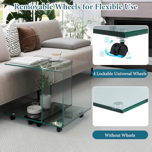 Tangkula Tempered Glass Side Table, Modern C-Shaped Bedside Table Nightstand with Storage Shelf, 4 Lockable Universal Wheels, Rolling Sofa End Table for Living Room Bedroom Office (1, Transparent) - color: Transparent