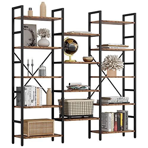IRONCK Bookshelves Triple Wide 5 Tiers Large 69.3" Industrial Bookshelf | Etagere Bookshelf, Open Display Shelves, Metal Frame, Living Room, Bedroom, Home Office - color: Vintage Brown, size: 5 Tiers