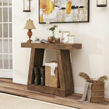 HOMCOM 41.7" Narrow Entryway Table with Thickened Tabletop, Rustic Brown | 2-Tier Farmhouse Console Table, Storage Shelf, Trapezoidal Base, Behind Couch Sofa, Living Room, Hallway, Entrance - size: 41.7" W