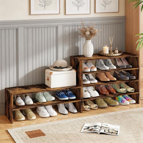 POWERSTONE 6-Tier Stackable Shoe Rack, 3-in-1 Shoe Shelves, Rustic Brown | Free Standing Adjustable Shoe Storage Organizer for 18 Pairs, 31'' Wide Wood Shoe Shelf for Closet, Entryway, Living Room - color: Rustic Brown, size: 1 Pack