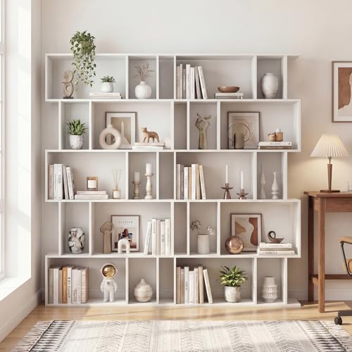 GOFLAME 5-Tier Geometric Bookshelf, 62” Tall Bookcase with 10 Open Back & Closed Back Cubes, Modern Display Book Shelf, S-Shaped Storage Organizer for Living Room, Home Office (1,White) - color: White