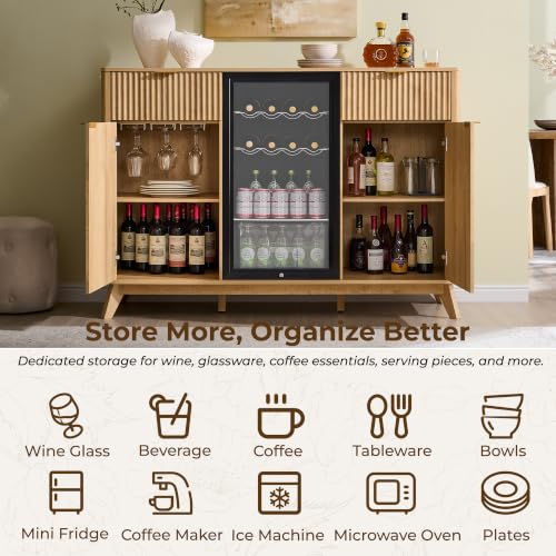 OKD 60" Fluted Coffee Bar Cabinet with Mini Fridge Space, Natural Oak | Mini Fridge Compatible, Built In Charging Station, 3 Stemware Racks, 2 Drawers, 2 Cabinets, Home Bar Cabinet Storage - color: Natural Oak