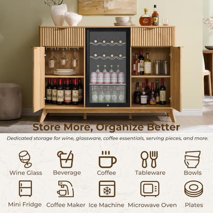 OKD 60" Fluted Coffee Bar Cabinet with Mini Fridge Space, Natural Oak | Mini Fridge Compatible, Built In Charging Station, 3 Stemware Racks, 2 Drawers, 2 Cabinets, Home Bar Cabinet Storage - color: Natural Oak