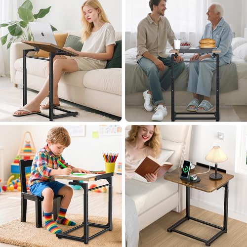 Tv Tray Table Set of 2, 8-Level Adjustable Height Couch Side Table，90° Tilt Angle Adjustments C-Shaped End Table, with Phone & Tablet Slot Sofa Computer Desk for Couch, Sofa, Bed, Chair, Living Room - color: Brown, size: 2 pcs