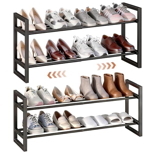 IBUYKE 2 Pack Expandable Shoe Rack, 18"-33” Adjustable Shoe Organizer for Closet, Stackable Metal Free Standing Shoe Rack Storage for Small Space Entryway, Black TXJ002B-2 - size: 33inch-2 Pack