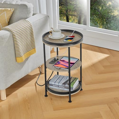 Dulcii Round Side Table with Charging Station, End Table with 3 Shelves for Living Room, Bedroom Nightstand for Small Spaces, Industrial Round Sofa Table with Steel Frame (USB+Oak) - color: Oak, style: With Outlets