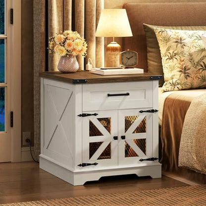 RALGEND White Farmhouse End Table with Charging Station, 24" Large Sofa Side Table with Drawer, Large End Table for Living Room, Wooden Nightstand with Outlet, Square, White and Walnut - color: White and Walnut