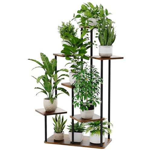 Bamworld Large Plant Stand Indoor 7 Tier Tall Metal Plant Shelf for Multiple Plants Tiered Flower Stand for Patio Garden Balcony Living Room Bedroom Brown - color: Brown Oak, size: 7 Tier