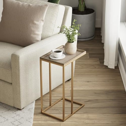 Farmhouse C Shaped End Table with Distressed Wood & Metal Woven Tray Top, Modern Slim Snack Side Table with Metal Base, Gold - color: Gold, style: Metal Woven