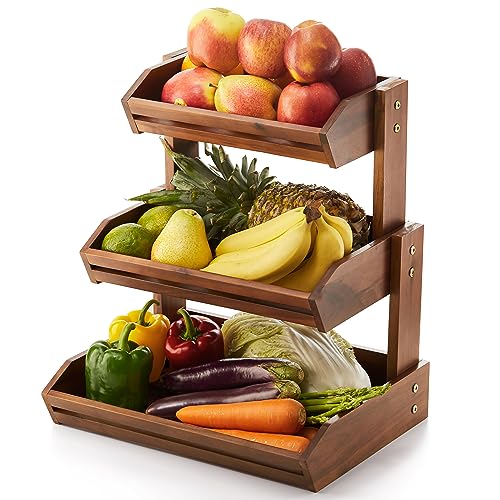 HOLANA Acacia 3 Tier Fruit Basket for Counter – Wooden Fruit Bowl for Kitchen Counter Organizer & Produce Storage Wooden Basket, Snack Organizer for Countertop, Kitchen Counter Storage (Acacia) - color: Acacia, size: 3 Tier
