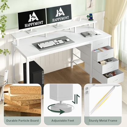 47" Computer Desk with Power Outlets and LED Lights, White | Gaming Desk with Drawers and Monitor Stand, Reversible Home Office Desk for Working Writing Study