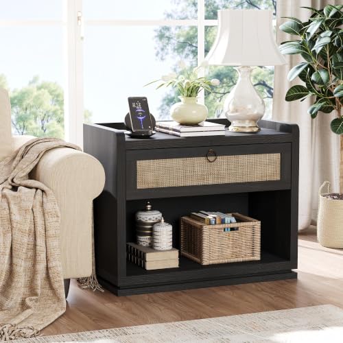 31" Wide Rattan Nightstand with Charging Station, End Side Table | Drawer & Open Shelf, Extra Large Night Stand, Farmhouse, Boho, Wood Bedside Table for Bedroom,Living Room,Office - color: Obsidian